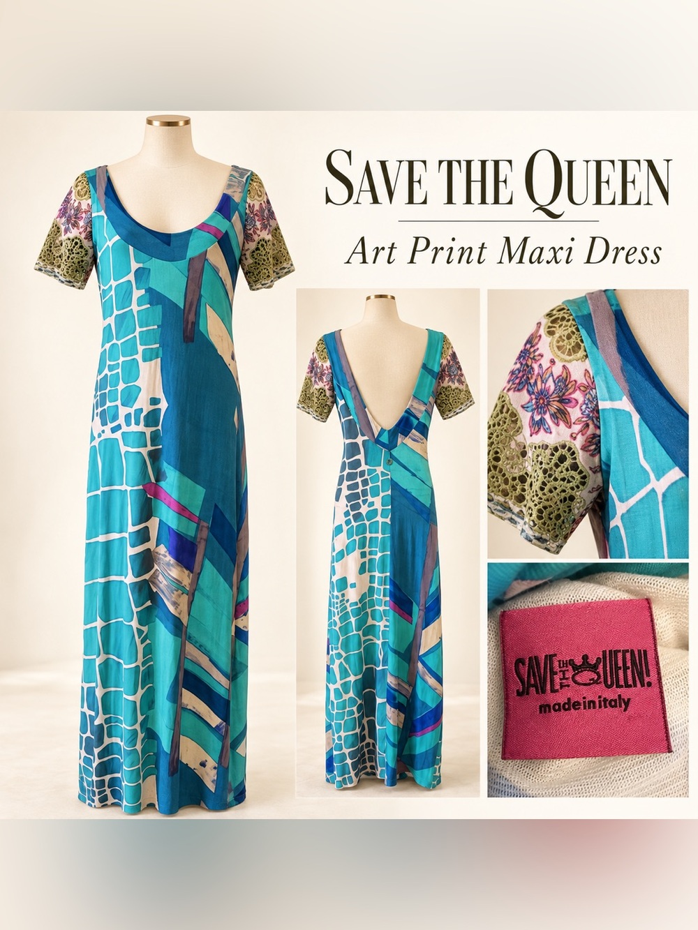 Save The Queen Italy Teal Turquoise Art Print Maxi Dress Crochet Sleeve Y2K